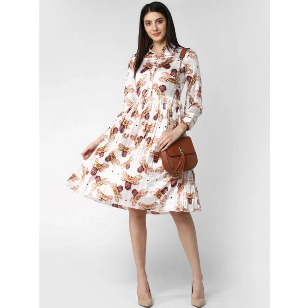 Generic Women's Polyester Pleated Collar Neck Long Sleeves Dress (White)