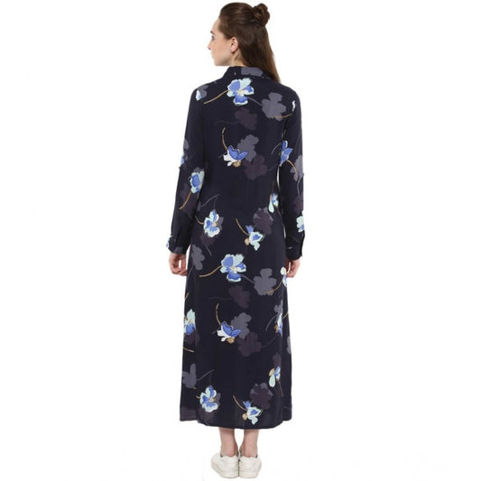 Generic Women's Rayon Floral Collar Neck Long Sleeves Dress (Blue)