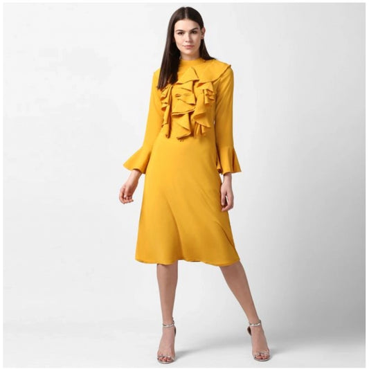 Generic Women's Polyester Ruffled Close Neck Long Sleeves Dress (Yellow)