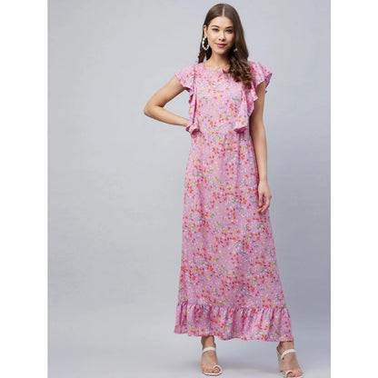 Generic Women's Polyester Floral Round Neck Flutter Dress (Lavender)