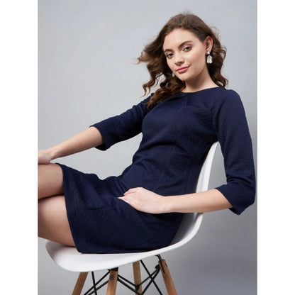 Generic Women's Polyester Jacquard Self Design Round Neck 3/4th Sleeves Dress (Navy)