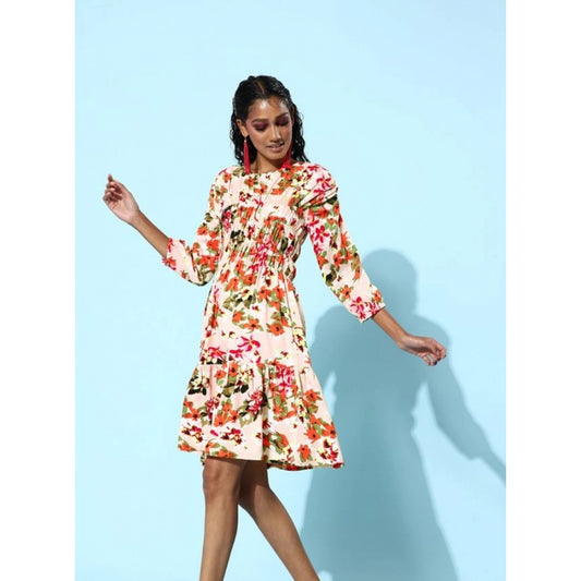 Generic Women's Polyester Moss Polka Round Neck 3/4th Sleeves Dress (Multicolor)