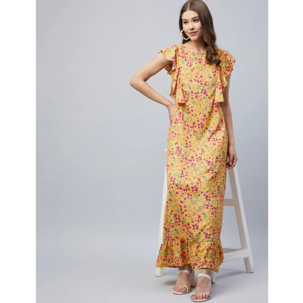 Generic Women's Polyester Floral Round Neck Flutter Dress (Red)