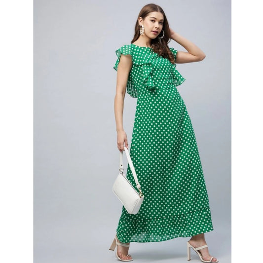 Generic Women's Polyester Polka Close Neck Flutter Dress (Green)