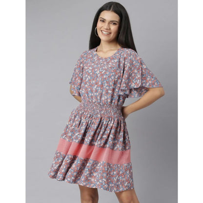 Generic Women's Polyester Moss Floral Round Neck Flutter Dress (Grey-Red)
