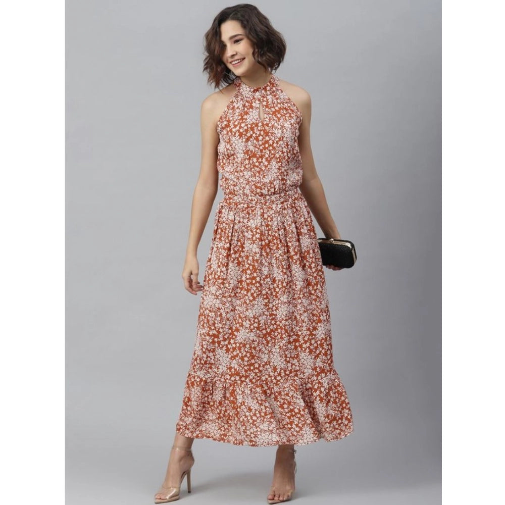 Generic Women's Polyester Printed Halter Neck Sleeveless Dress (Rust)