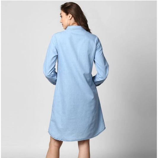 Generic Women's Denim Solid Collar Neck Roll Up Sleeve Dress (Blue)