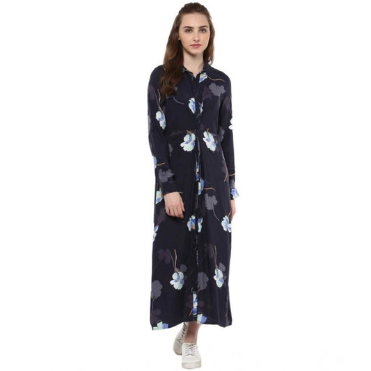 Generic Women's Rayon Floral Collar Neck Long Sleeves Dress (Blue)