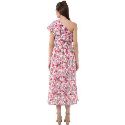Generic Women's Polyester Crepe Floral One Shoulder One Shoulder Dress (Multicolor)
