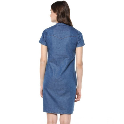 Generic Women's Denim Solid Tie-Up Neck Short Sleeve Dress (Blue)
