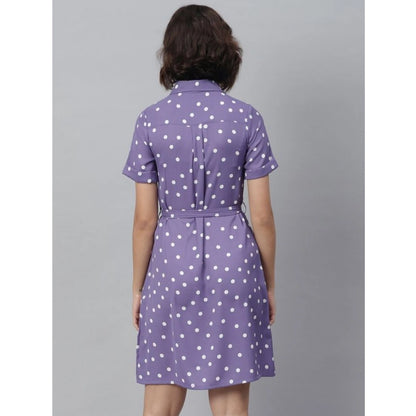 Generic Women's Polyester Polka Collar Neck Short Sleeve Dress (Lavender)