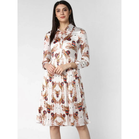 Generic Women's Polyester Pleated Collar Neck Long Sleeves Dress (White)