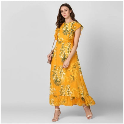 Generic Women's Polyester Floral Round Neck Butterfly Sleeve Dress (Yellow)