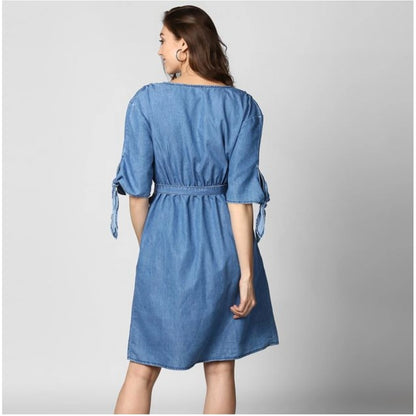 Generic Women's Denim Solid V-Neck Tie Ups Dress (Blue)