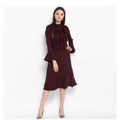 Generic Women's Polyester Ruffled Close Neck Bell Sleeve Dress (Maroon)