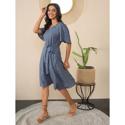 Generic Women's Polyester Moss Polka V-Neck Bell Sleeve Dress (Grey)