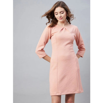Generic Women's Polyester Jacquard Self Design Round Neck 3/4th Sleeves Dress (Pink)