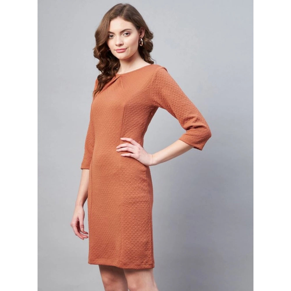Generic Women's Polyester Jacquard Self Design Round Neck 3/4th Sleeves Dress (Rust)