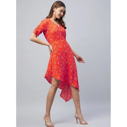 Generic Women's Polyester Floral V-Neck Short Sleeve Dress (Orange)