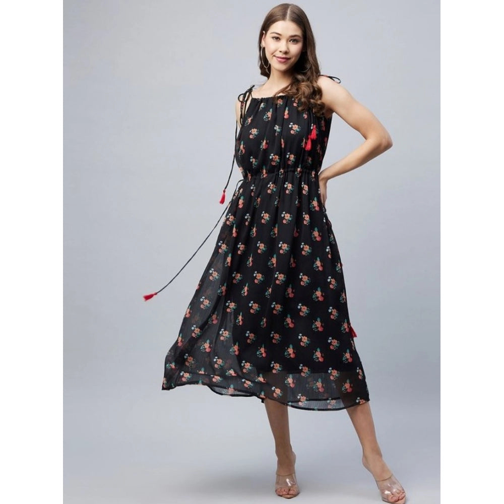 Generic Women's Chiffon Floral Square Neck Sleeveless Dress (Black)