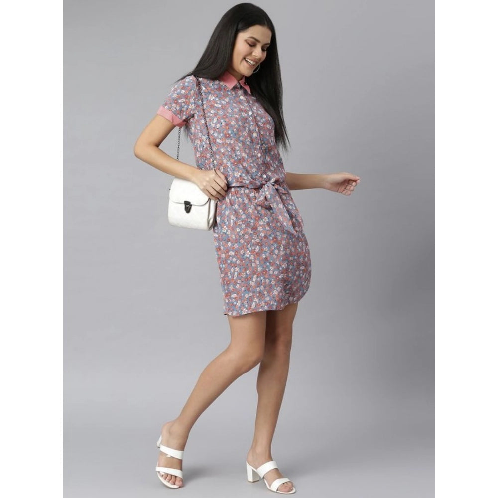 Generic Women's Polyester Moss Floral Collar Neck Short Sleeve Dress (Grey-Red)