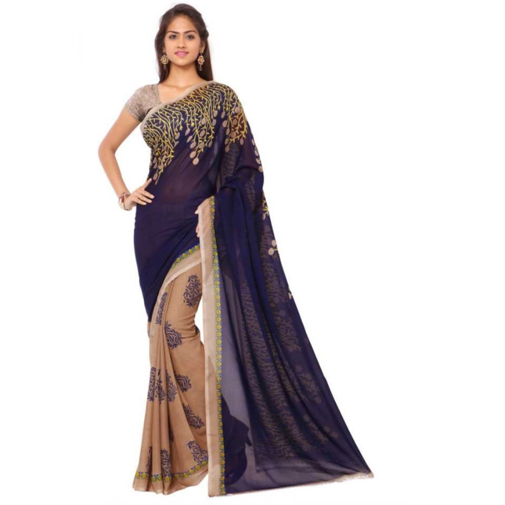 Generic Women's Faux Georgette Printed Saree With Unstitched Blouse 5.5Mtr (Blue)