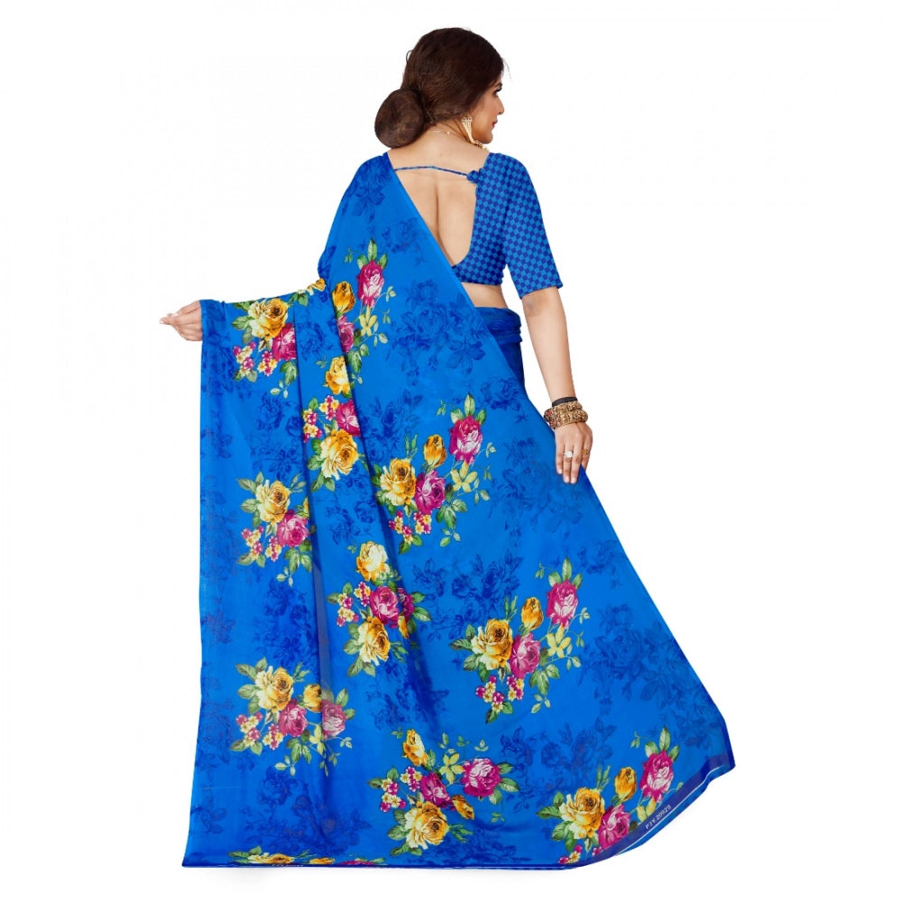Generic Women's Faux Georgette Printed Saree With Unstitched Blouse 5.5Mtr (Blue)