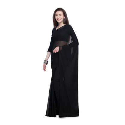 Generic Women's Dyed Solid Saree With Unstitched Blouse 5.5Mtr (Black)