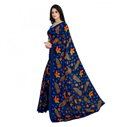 Generic Women's Faux Georgette Printed Saree With Unstitched Blouse 5.5Mtr (Blue)