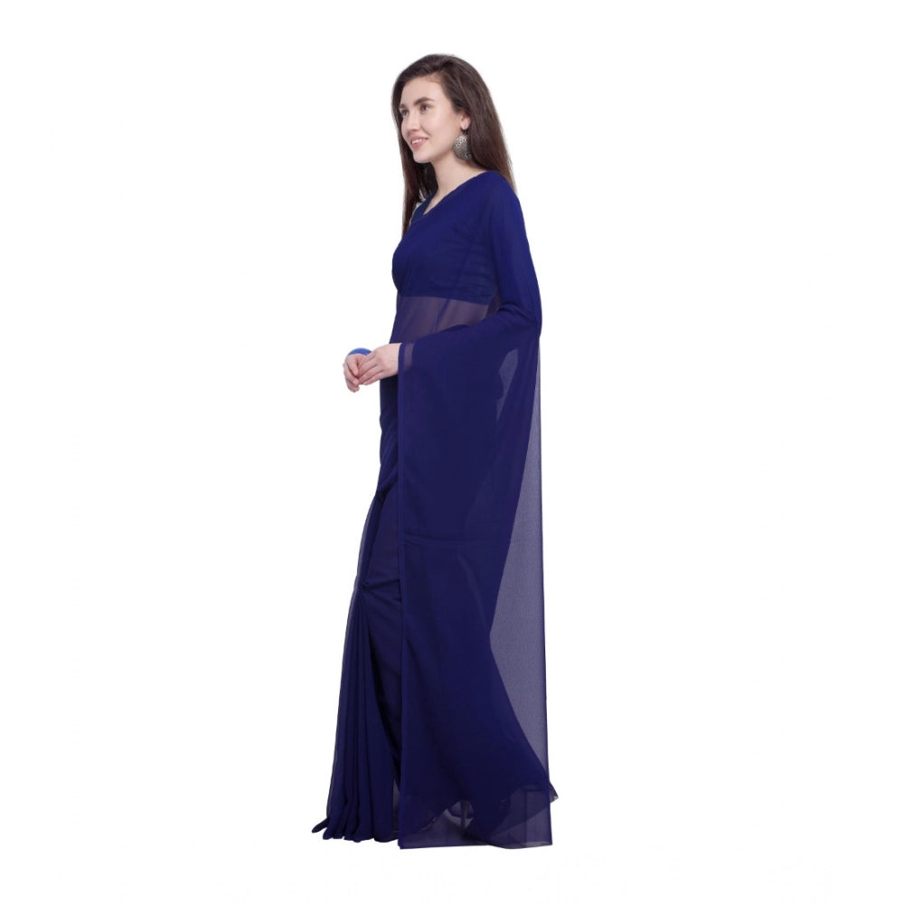 Generic Women's Dyed Solid Saree With Unstitched Blouse 5.5Mtr (Dark Blue)