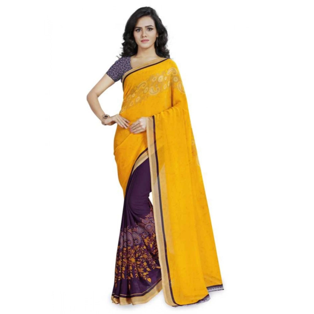 Generic Women's Faux Georgette Printed Saree With Unstitched Blouse 5.5Mtr (Yellow)