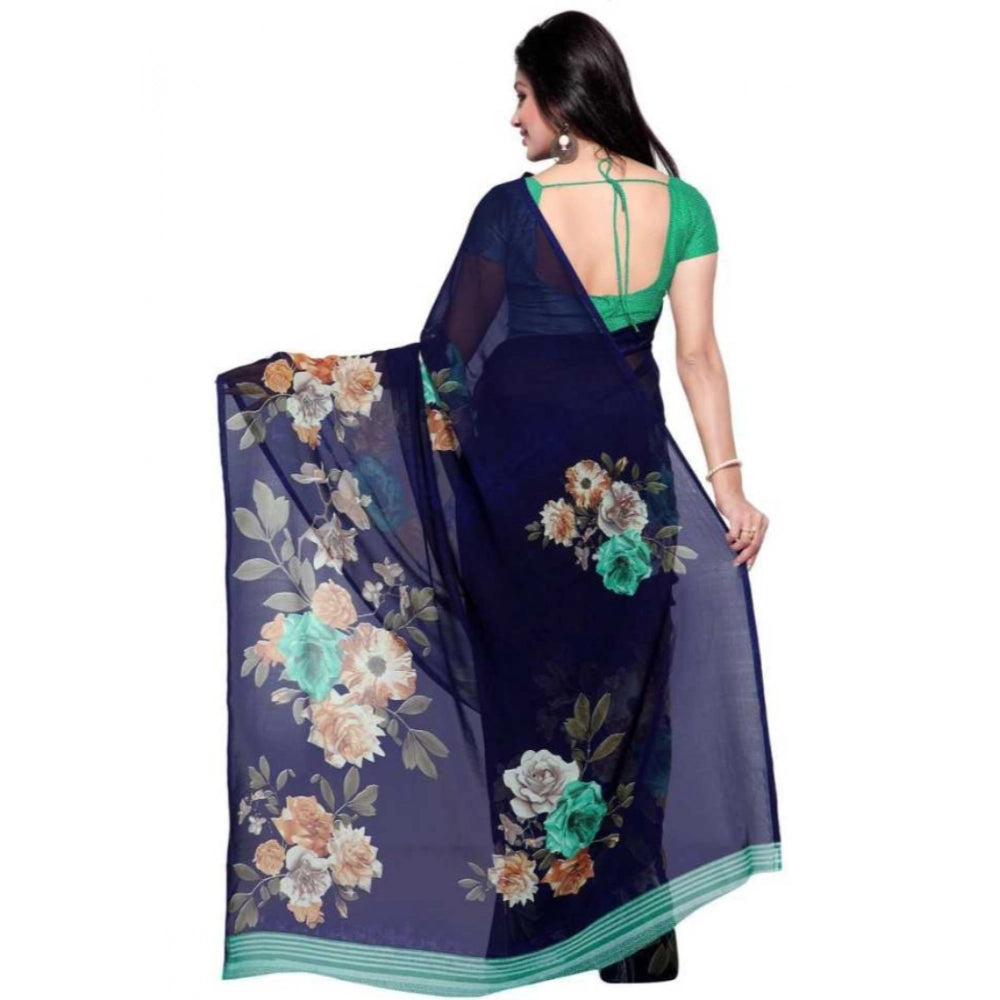Generic Women's Faux Georgette Printed Saree With Unstitched Blouse 5.5Mtr (Blue)