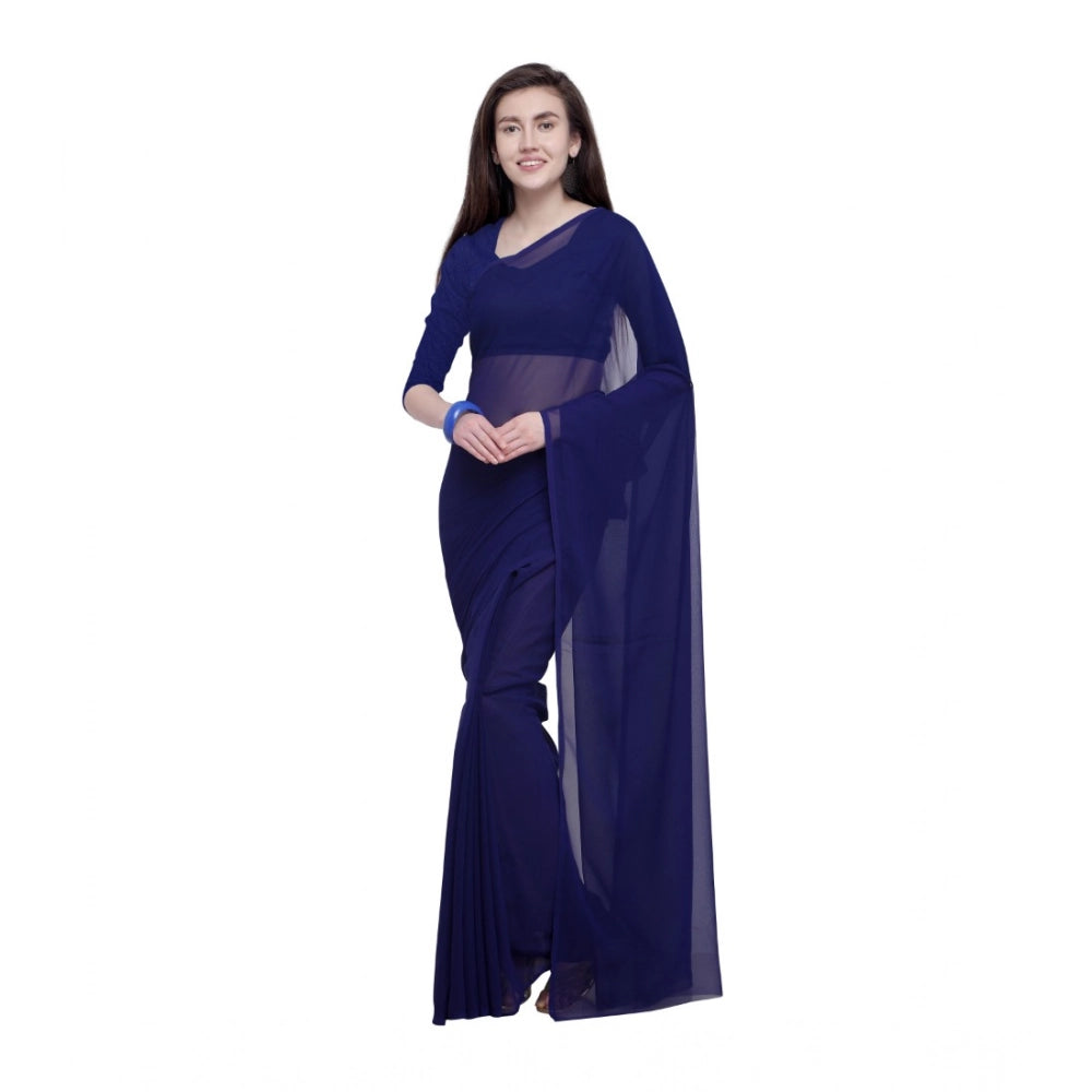 Generic Women's Dyed Solid Saree With Unstitched Blouse 5.5Mtr (Dark Blue)