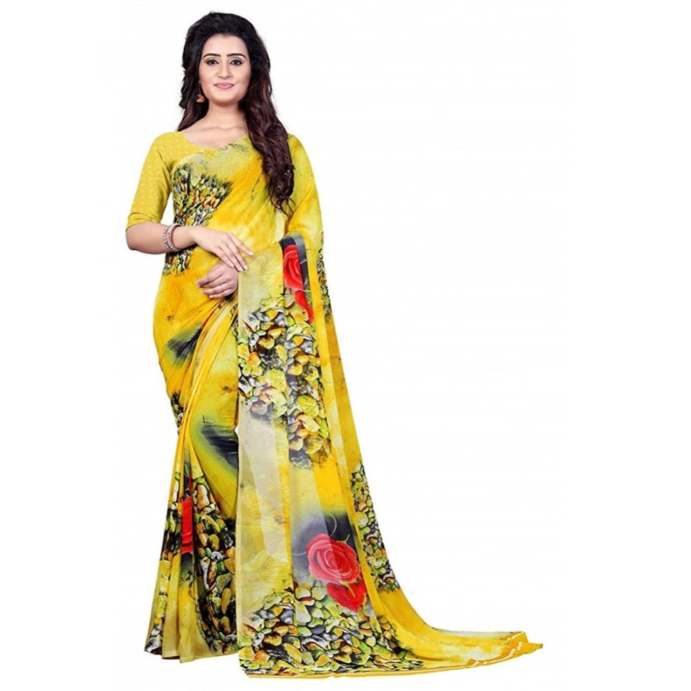 Generic Women's Faux Georgette Printed Saree With Unstitched Blouse 5.5Mtr (Yellow)