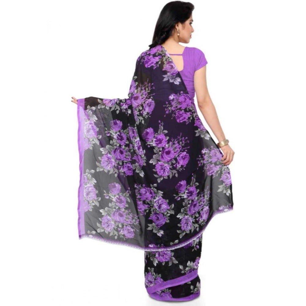 Generic Women's Faux Georgette Printed Saree With Unstitched Blouse 5.5Mtr (Purple)