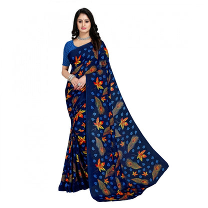 Generic Women's Faux Georgette Printed Saree With Unstitched Blouse 5.5Mtr (Blue)