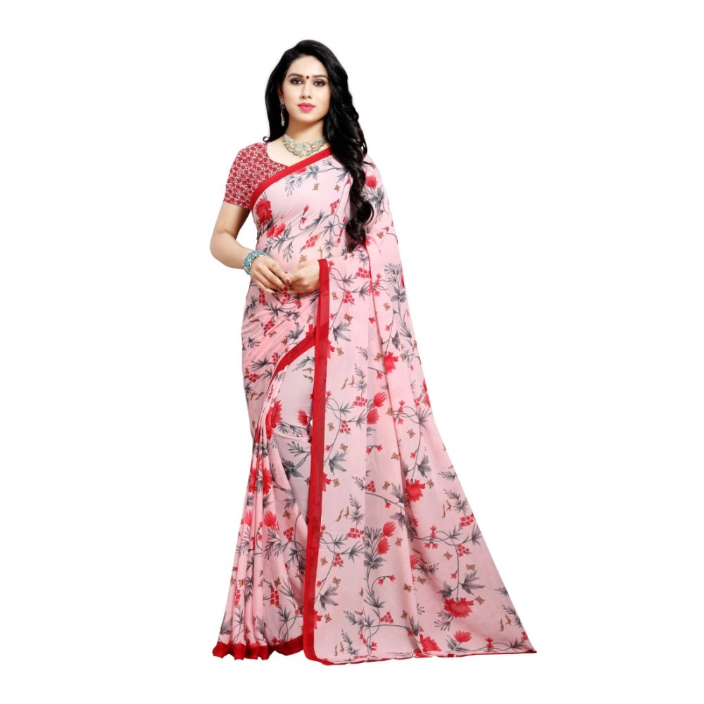 Generic Women's Georgette Printed Saree With Unstitched Blouse 5.5Mtr (Peach)