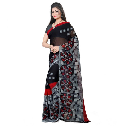 Generic Women's Georgette Printed Saree With Unstitched Blouse 5.5Mtr (Black)