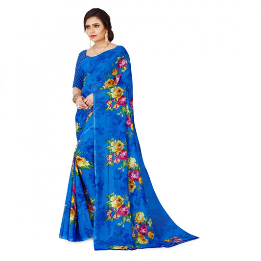 Generic Women's Faux Georgette Printed Saree With Unstitched Blouse 5.5Mtr (Blue)