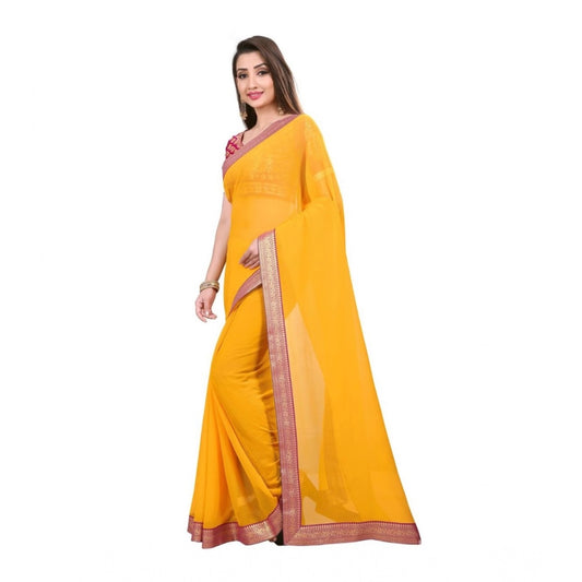 Generic Women's Chiifon Saree Printed Saree With Unstitched Blouse 5.5Mtr (Yellow)