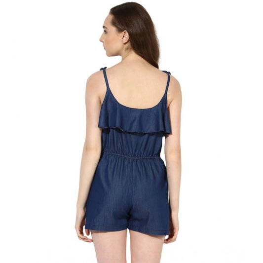 Generic Women's Denim Ruffled Shoulder Straps Jumpsuit (Blue)