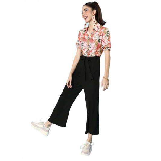 Generic Women's Polyester Printed 3/4th Sleeve Jumpsuit (Peach - Black)
