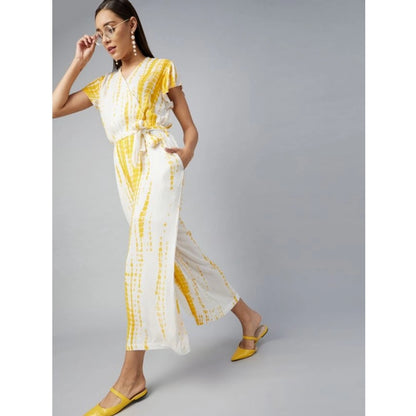 Generic Women's Rayon Striped Short Sleeve Jumpsuit (Yellow - White)
