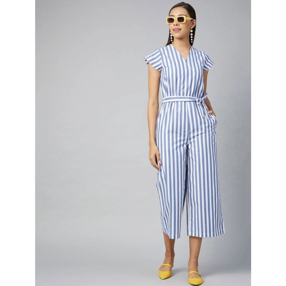 Generic Women's Cotton-Polyester Blend Striped Short Sleeve Jumpsuit (Blue)