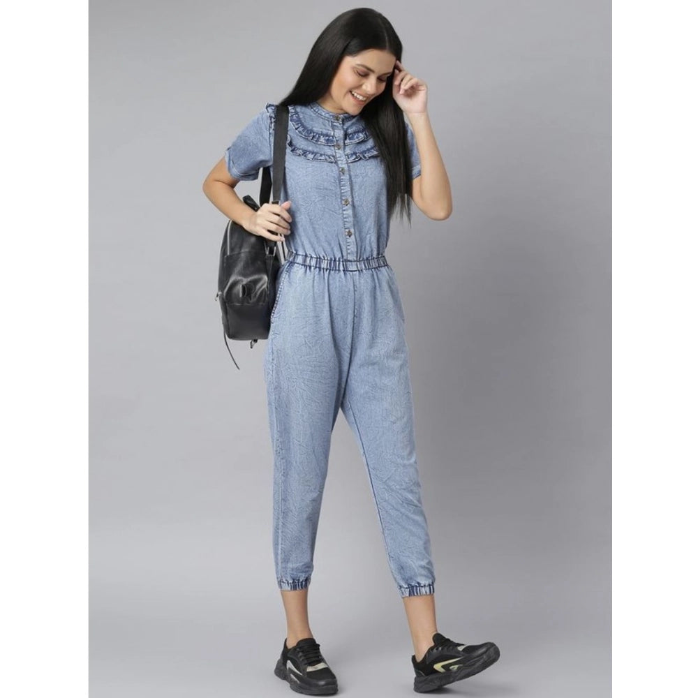 Generic Women's Denim Self Design Tie Ups Jumpsuit (Blue)