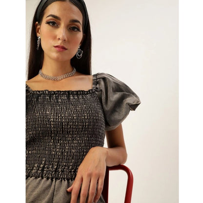 Generic Women's Denim Solid Balloon Sleeve Jumpsuit (Black)