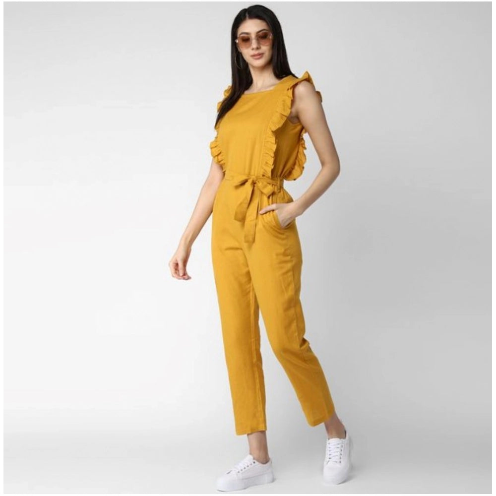 Generic Women's Cotton Linen Solid Sleeveless Jumpsuit (Yellow)