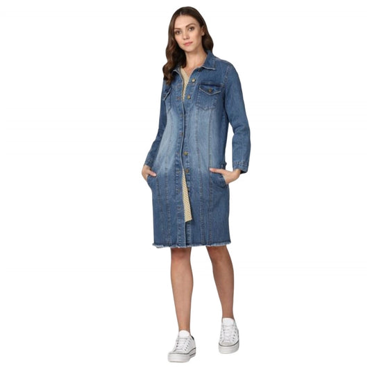 Generic Women's Denim Washed Long Sleeve Jacket (Blue)
