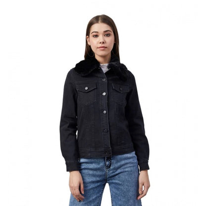 Generic Women's Denim &amp; Faux Fur Washed Long Sleeve Jacket (Black)