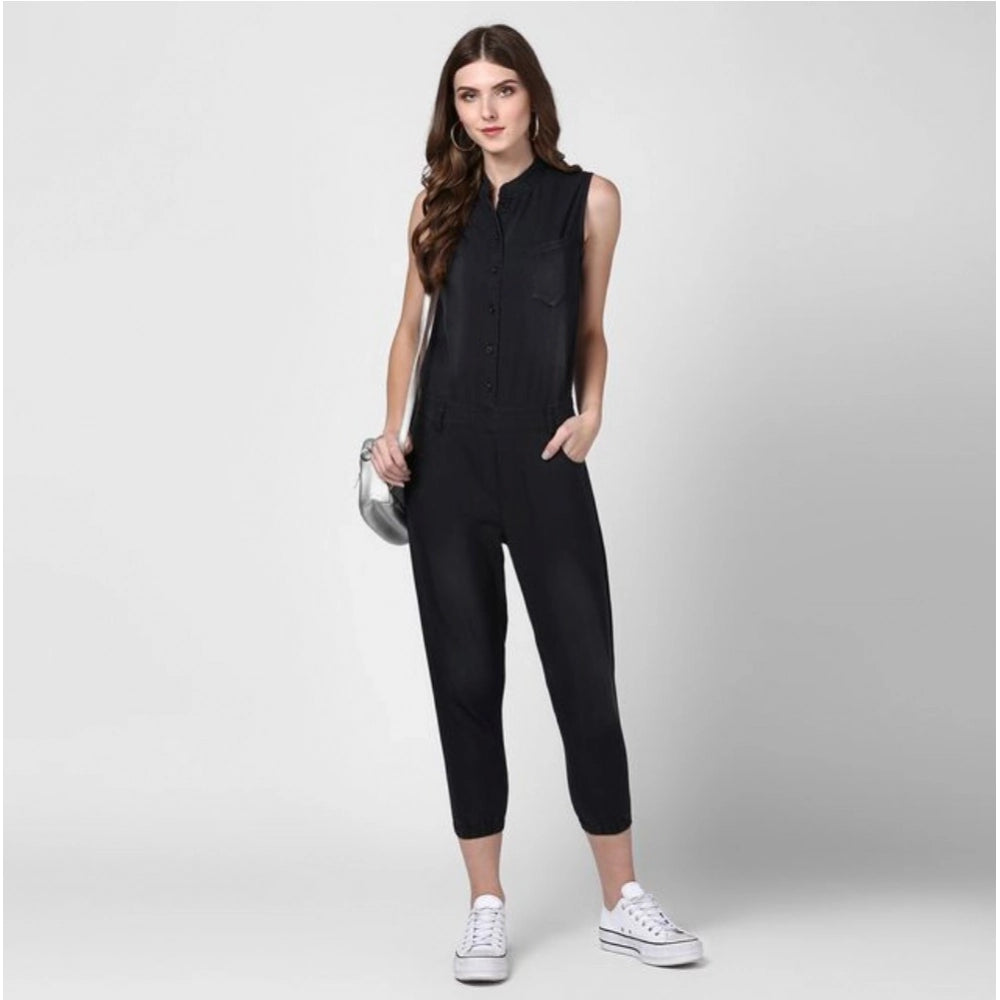 Generic Women's Denim Solid Sleeveless Jumpsuit (Black)